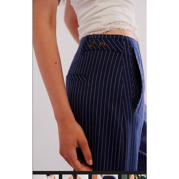 Free People Acadia Wide Leg Cropped Trousers Pants Navy Blue Pinstripe US 6 - Picture 3 of 13